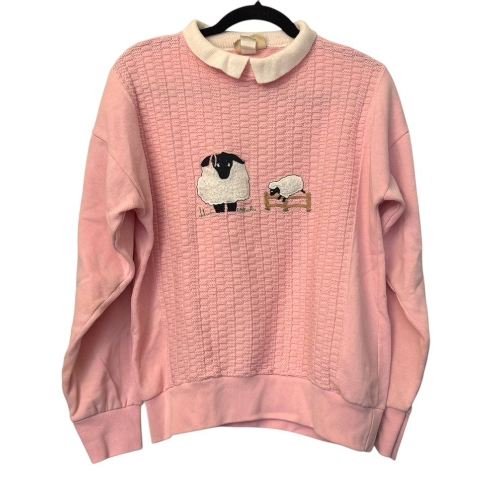 Vintage Pink Sheep Embroidered Collared Sweater Sweatshirt